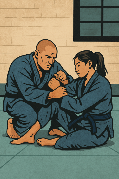 Two BJJ practitioners training in a traditional dojo.