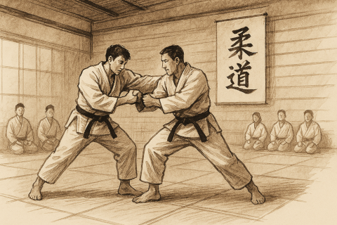 Two Judo practitioners training in a traditional dojo.