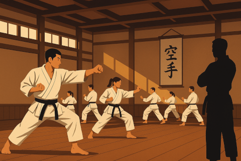 Karate practitioners performing kata in a traditional dojo.
