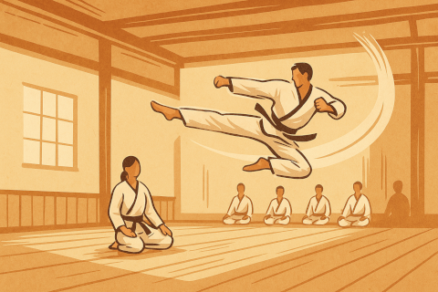 Taekwondo practitioners training in a Korean dojang.