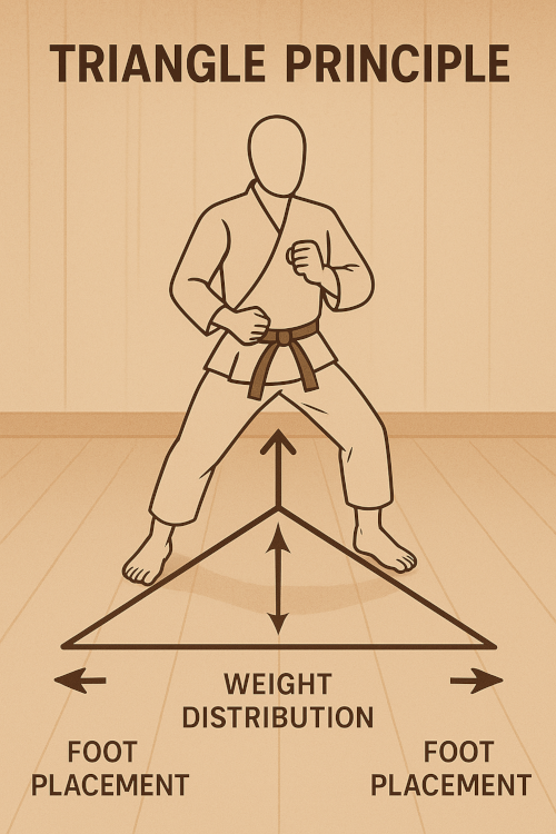 Diagram explaining the Triangle Principle in martial arts footwork, showing foot placement and weight distribution inside a geometric triangle.